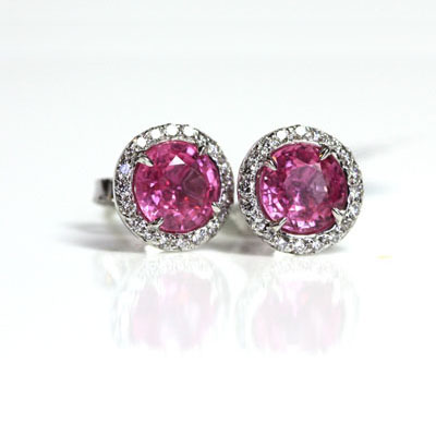 Diamonds with Pink Sapphire Halo Earrings