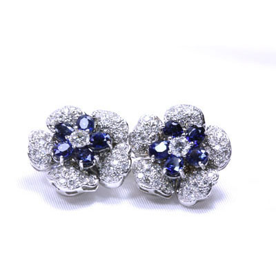 Blue Sapphire & Diamond Flower Shape Earrings